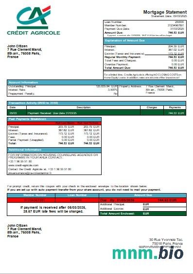 Francja Credit Agricole wyciąg z kredytu hipotecznego szablon Word i PDF